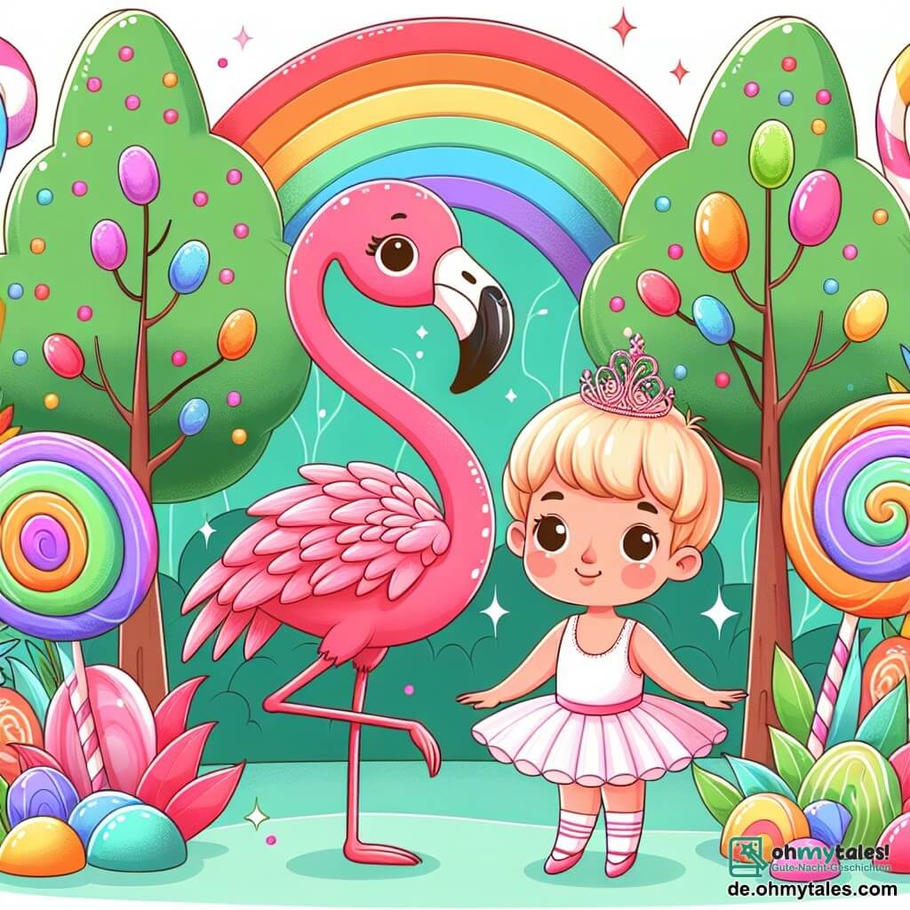 Une illustration destinée aux enfants représentant un garçon curieux se tenant aux côtés d'un flamant rose en tutu de ballet dans un jardin enchanté rempli de bonbons géants et d'arbres aux couleurs de l'arc-en-ciel.