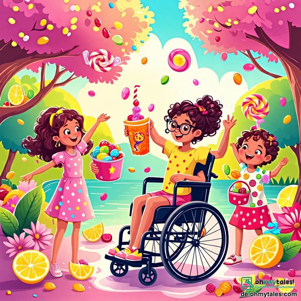 Illustration eines wunderschönen Limonadensees, dessen Wasser in Rosa-, Gelb- und Grüntönen schimmert, umgeben von großen Bonbonbäumen und bunten Blumen. Im Vordergrund vier fröhliche und sprudelnde zwölfjährige Mädchen: eines sitzt in einem eleganten Rollstuhl mit Bonbonmustern, hat lockige Haare und ein strahlendes Lächeln; ein anderes hat lange, glatte Haare, trägt ein gepunktetes Kleid und hebt begeistert die Arme in die Luft; die dritte, mit Brille und Dutt, hält einen großen Eimer voller Gummibärchen, während die vierte, mit Zöpfen und einem bunten T-Shirt, sich drehend tanzt. 

Im Zentrum der Szene steht ein großer orangefarbener Drache mit grünen Schuppen, der lächelt und amüsiert ist, neben einem kleinen Froschkönig, der eine Blumenkrone trägt und eine Dankesgeste macht. Die Hauptsituation zeigt die Mädchen und den Drachen, die die Rückkehr der Krone des Königs feiern, umgeben von fröhlich herumfliegenden Gummibärchen. Bunte Konfetti schweben in der Luft, und fantastische Kreaturen wie tanzende Kekse und singende Bäume verleihen dieser verrückten und fröhlichen Szene einen Hauch von Magie.