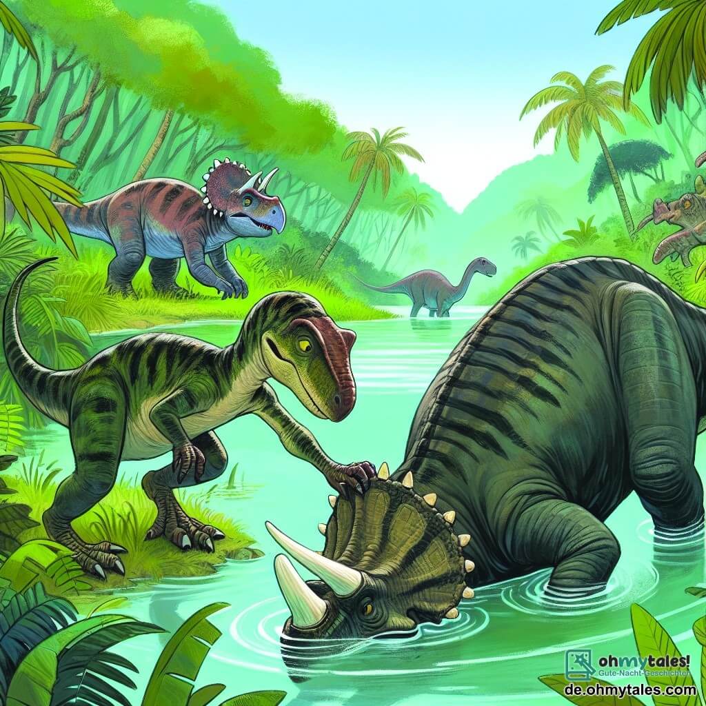 Une illustration destinée aux enfants représentant un jeune vélociraptor garçon, plus petit que ses frères et sœurs, aidant une tricératops femelle coincée dans un marécage luxuriant de la jungle préhistorique.