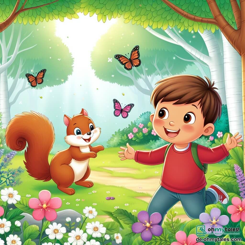 Une illustration destinée aux enfants représentant un garçon joyeux explorant un bois enchanté avec un écureuil curieux, parmi les arbres fleuris et les papillons virevoltants, dans une clairière baignée de lumière printanière.