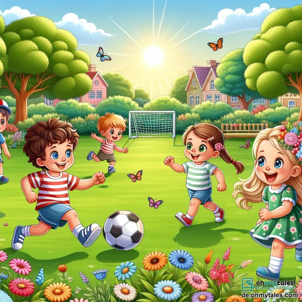 Illustration eines sonnigen Parks voller bunter Blumen und grüner Bäume. In der Mitte spielt eine Gruppe von Kindern Fußball auf einem gut gepflegten grünen Rasen. Ein dreijähriger Junge mit lockigem braunem Haar und strahlend blauen Augen läuft fröhlich dem Ball hinterher. Neben ihm steht ein dreijähriges Mädchen mit langen geflochtenen blonden Haaren und einem großen Lächeln, bereit, den Ball ins Tor zu schießen. Ein anderer Junge mit einer rot-weißen Mütze springt, um den Ball zu fangen, während ein Mädchen mit einer Blume im Haar applaudiert und seine Freunde anfeuert. Die Szene strahlt Kameradschaft und Freude aus und zeigt die Gleichheit der Geschlechter durch das Spiel. Lachen und Stimmen erfüllen die Luft, und bunte Schmetterlinge fliegen um sie herum und verleihen diesem Moment des Teilens und der Freundschaft einen Hauch von Magie.