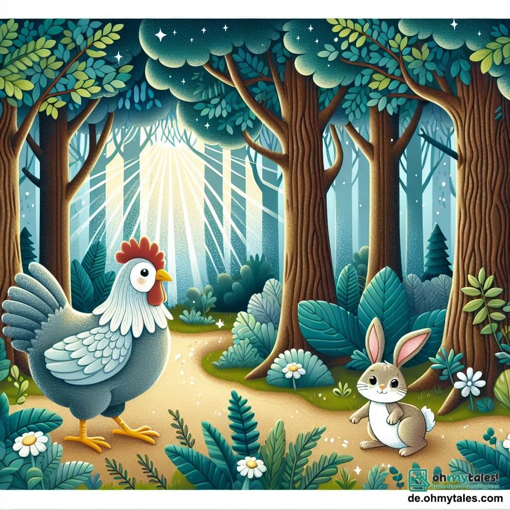 Une illustration destinée aux enfants représentant une poule curieuse explorant le mystérieux et enchanteur bois enchanté en compagnie d'un jeune lapin malicieux, dans une forêt dense aux arbres majestueux aux feuilles chatoyantes et aux rayons de soleil filtrant à travers les branches.