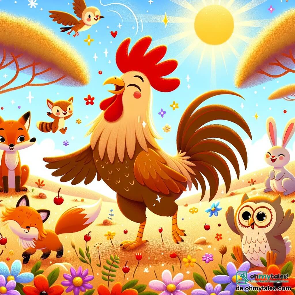 Une illustration sous forme de dessin destinée aux enfants représentant une vaste et ensoleillée prairie parsemée de fleurs colorées, où un coq aux plumes éclatantes de rouge et d'or, avec un chapeau de paille sur la tête, danse joyeusement au milieu de ses nouveaux amis : un renard rusé aux yeux pétillants, un hibou sage aux plumes brunes, et un lapin espiègle aux grandes oreilles, tous riant et s'amusant ensemble lors d'un joyeux festin de baies, symbolisant l'amitié et l'aventure.