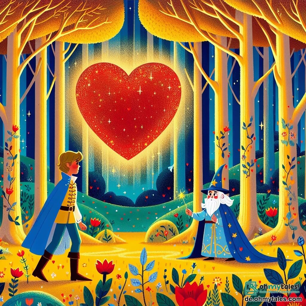 Une illustration sous forme de dessin destinée aux enfants représentant une magnifique clairière dans un forêt enchantée, avec des arbres dorés et des fleurs colorées, où un prince courageux aux cheveux dorés et à la tunique bleue se tient fermement devant un cœur magique brillant en rouge, tandis qu'un petit sorcier aux yeux pétillants et à la barbe blanche flotte à ses côtés, lançant un sort pour protéger le cœur d'un ombre menaçante qui s'approche, créant une atmosphère de bravoure et d'amitié.