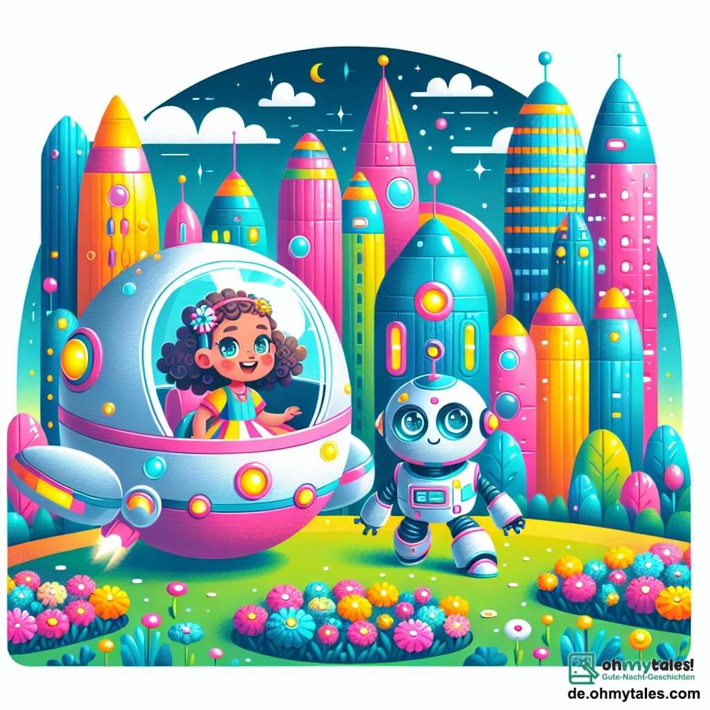 Une illustration sous forme de dessin destinée aux enfants représentant une ville futuriste colorée avec des maisons scintillantes en bleu, rose, jaune et vert, où une petite fille de 3 ans aux cheveux bouclés et aux yeux pétillants, vêtue d'une robe multicolore, est assise dans un grand et brillant vaisseau volant aux formes arrondies, tandis qu'un robot amical aux grands yeux ronds et au corps métallique l'accompagne, tous deux souriant et observant les magnifiques parcs en fleurs en bas, illustrant leur aventure de découverte et d'apprentissage sur l'importance de la nature et de la technologie.