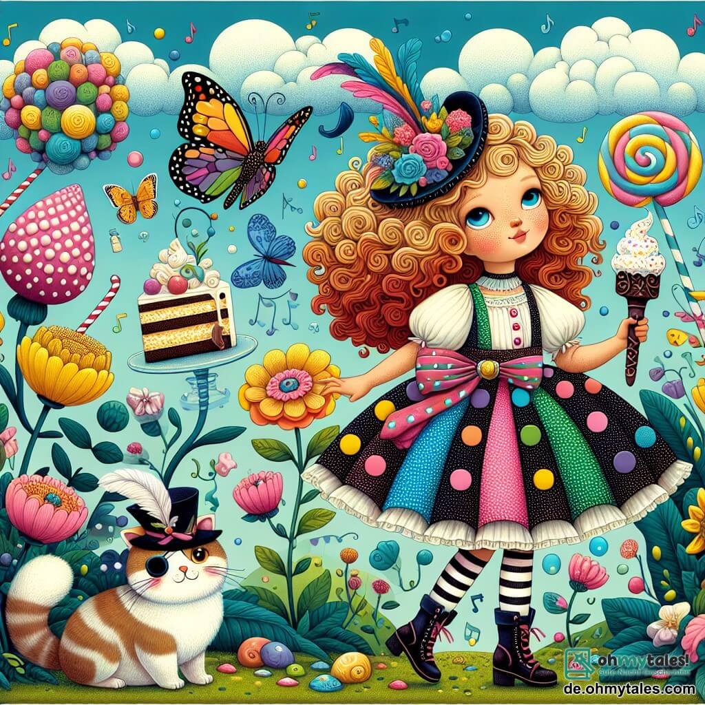 Une illustration destinée aux enfants représentant une petite fille aux cheveux bouclés et colorés comme un arc-en-ciel, vêtue d'une robe à pois multicolores, se tenant au milieu d'un jardin enchanté où des fleurs géantes dansent au rythme d'une musique invisible, tandis qu'un chat en costume de pirate, avec un chapeau à plumes et un sabre en chocolat, l'accompagne dans sa quête loufoque pour faire voler un gâteau en forme de nuage à l'aide d'un élixir pétillant, tout cela sous un ciel bleu parsemé de nuages en forme de bonbons et de papillons géants qui chuchotent des secrets.