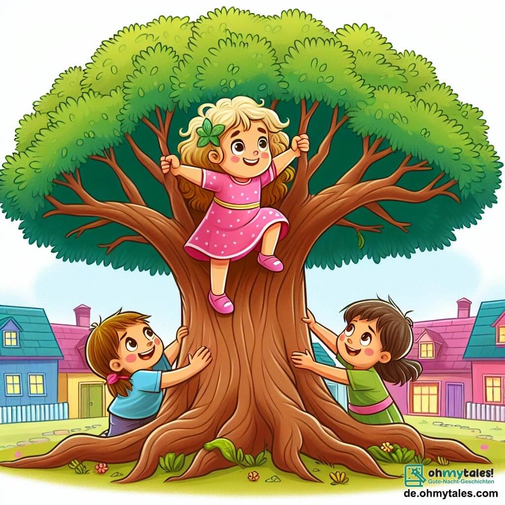 Une illustration sous forme de dessin destinée aux enfants représentant un grand arbre majestueux au centre d'un petit village coloré, avec une fille de 5 ans aux cheveux blonds et bouclés, portant une robe rose, grimpant courageusement sur un épais branche, tandis que deux amis, un garçon aux cheveux bruns en t-shirt bleu et une fille aux cheveux châtains en robe jaune, l'encouragent depuis le sol avec des sourires et des gestes de soutien, capturant ainsi le moment où elle surmonte sa peur et gagne en confiance en elle.