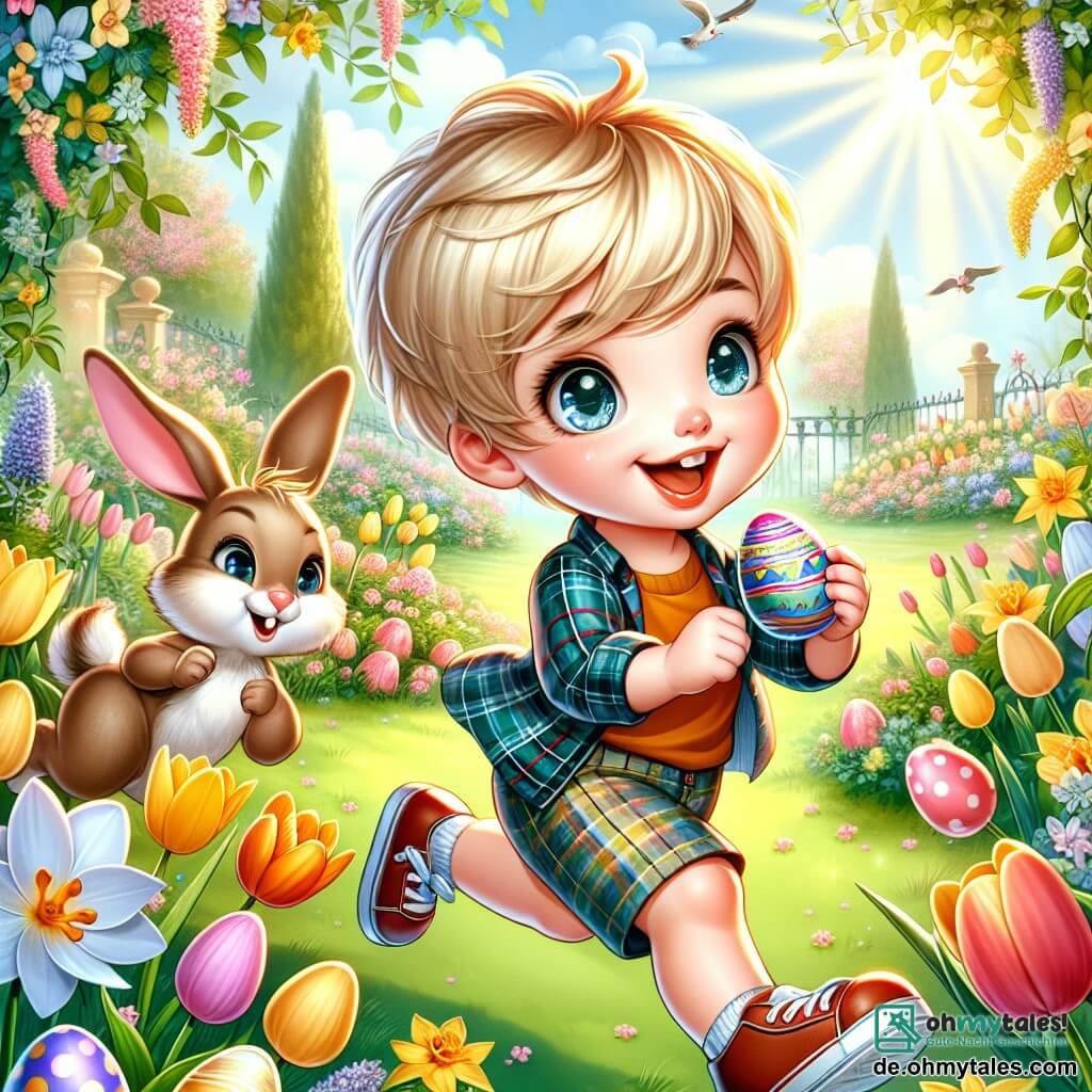 Une illustration destinée aux enfants représentant un petit garçon aux cheveux blonds et aux yeux pétillants, vêtu d'une chemise à carreaux et d'un short coloré, courant avec enthousiasme dans un jardin en fleurs, où des tulipes éclatantes et des jonquilles dorées dansent sous le doux soleil de Pâques, tandis qu'il cherche des œufs en chocolat cachés par un joyeux lapin de Pâques, un personnage secondaire aux grandes oreilles et à la fourrure douce, qui l'observe avec un sourire malicieux, le tout se déroulant dans un cadre enchanteur, où le chant des oiseaux et le parfum des fleurs créent une atmosphère magique et festive.