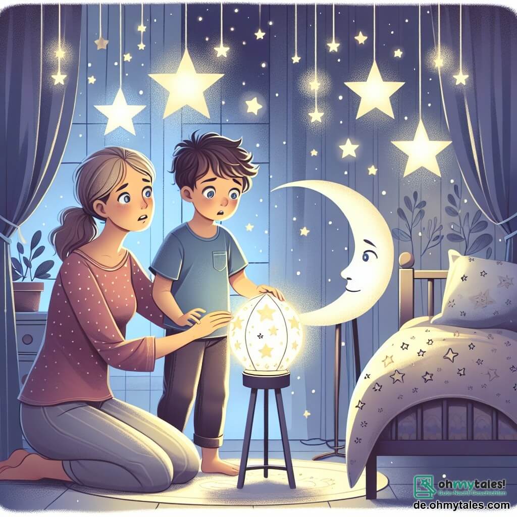 Une illustration destinée aux enfants représentant un petit garçon aux yeux brillants et inquiets, accompagné de sa maman aimante, installant une lampe en forme de étoile dans sa chambre aux murs décorés de dessins de lunes et d'étoiles scintillantes, éclairée doucement par la lumière de la lune qui filtre à travers les rideaux.