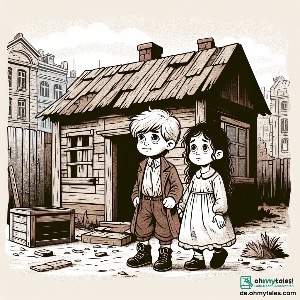 Une illustration destinée aux enfants représentant un garçon aux vêtements usés, se tenant devant une petite maison en bois délabrée, accompagné d'une fillette aux cheveux en bataille, dans une rue étroite et poussiéreuse d'un quartier pauvre de la ville.