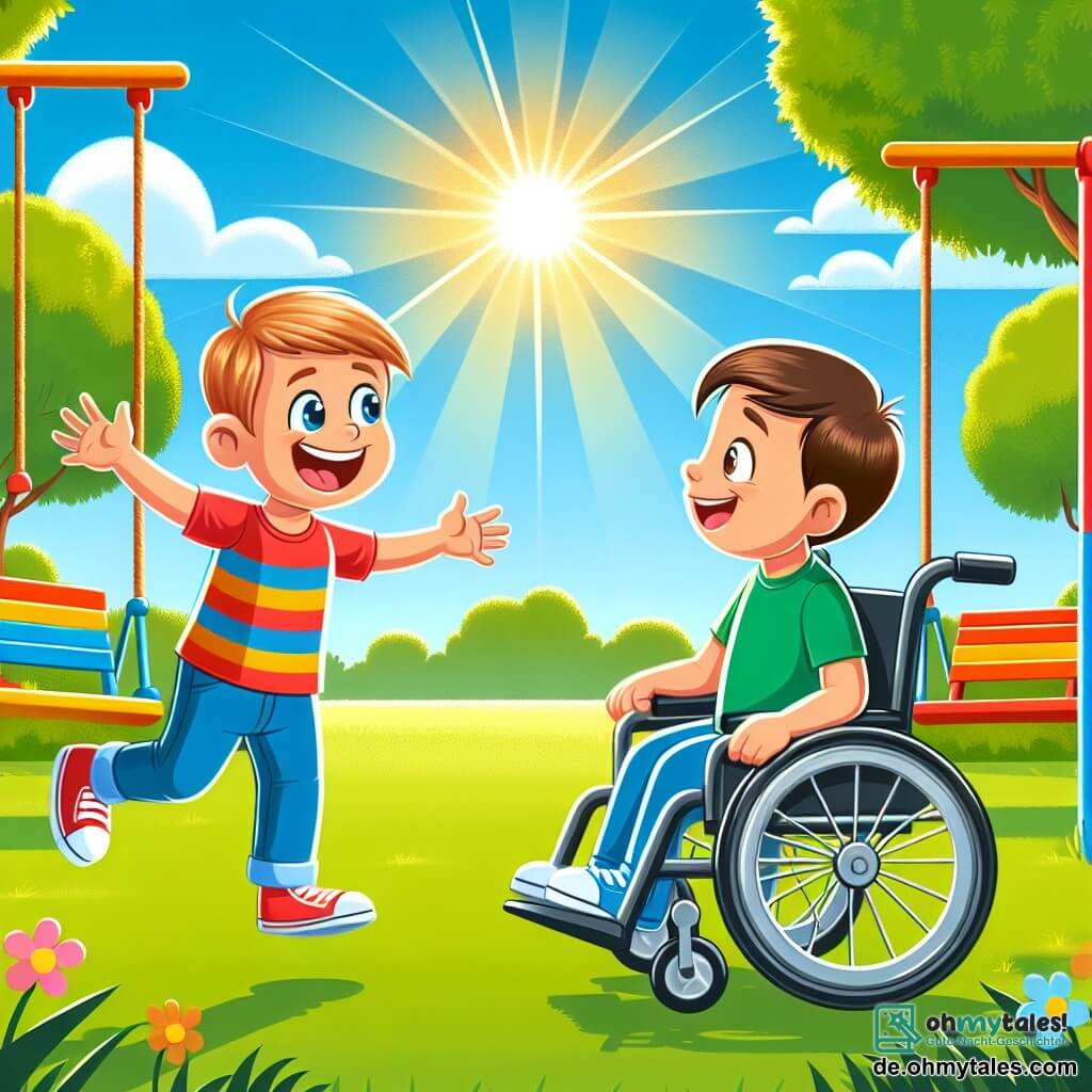 Une illustration destinée aux enfants représentant un garçon énergique et joyeux rencontrant un nouveau garçon en fauteuil roulant dans un parc ensoleillé, entouré de balançoires colorées, d'arbres verdoyants et d'un ciel bleu clair.