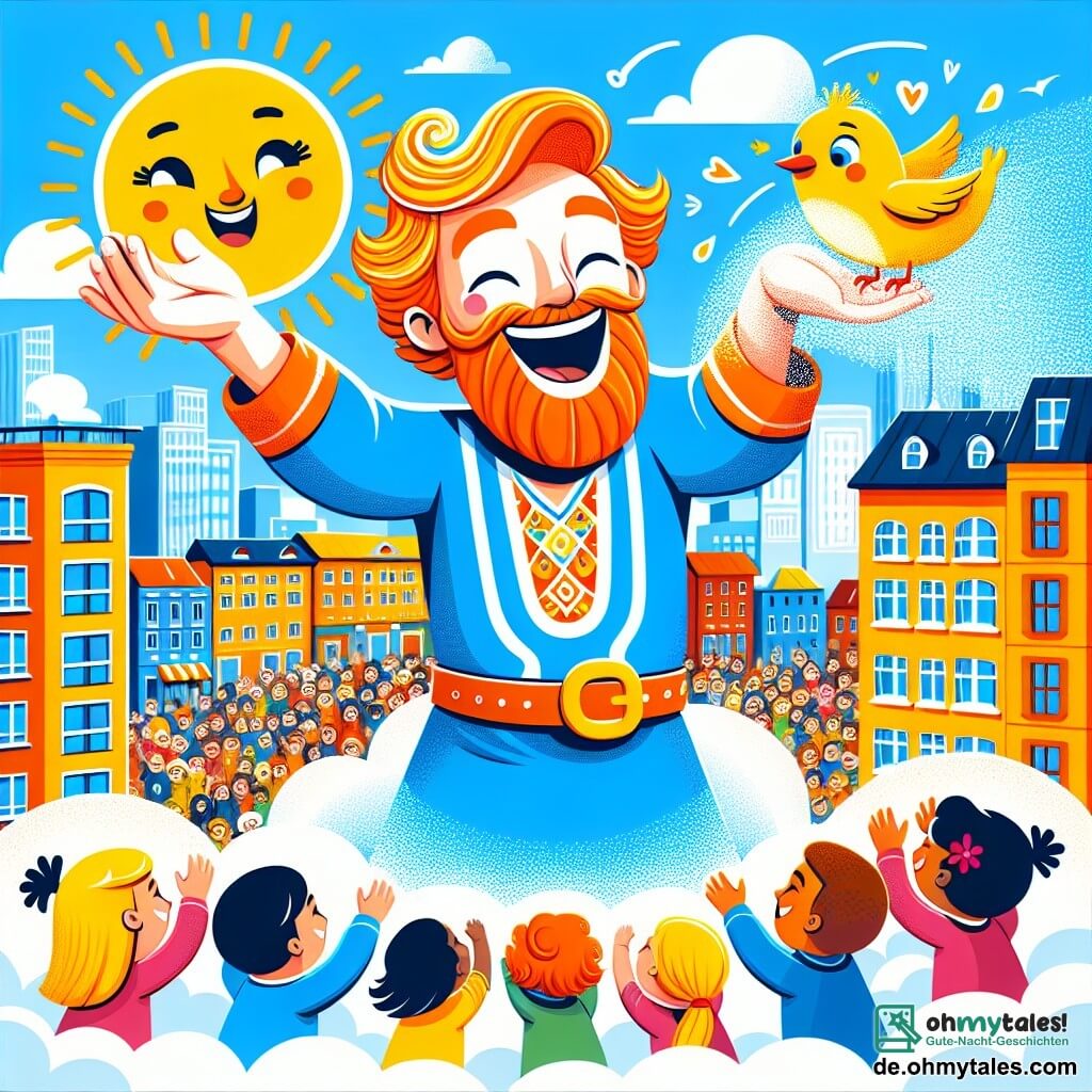 Une illustration sous forme de dessin destinée aux enfants représentant une scène ensoleillée dans une ville colorée, avec un homme aux cheveux orange vif et un grand sourire, portant un bleu éclatant, qui vole joyeusement dans les airs en aidant un petit oiseau aux plumes jaunes, tandis que plusieurs enfants, garçons et filles, aux expressions émerveillées, l'observent depuis une grande, douce nuage en riant et en applaudissant, créant une atmosphère de camaraderie et de joie.