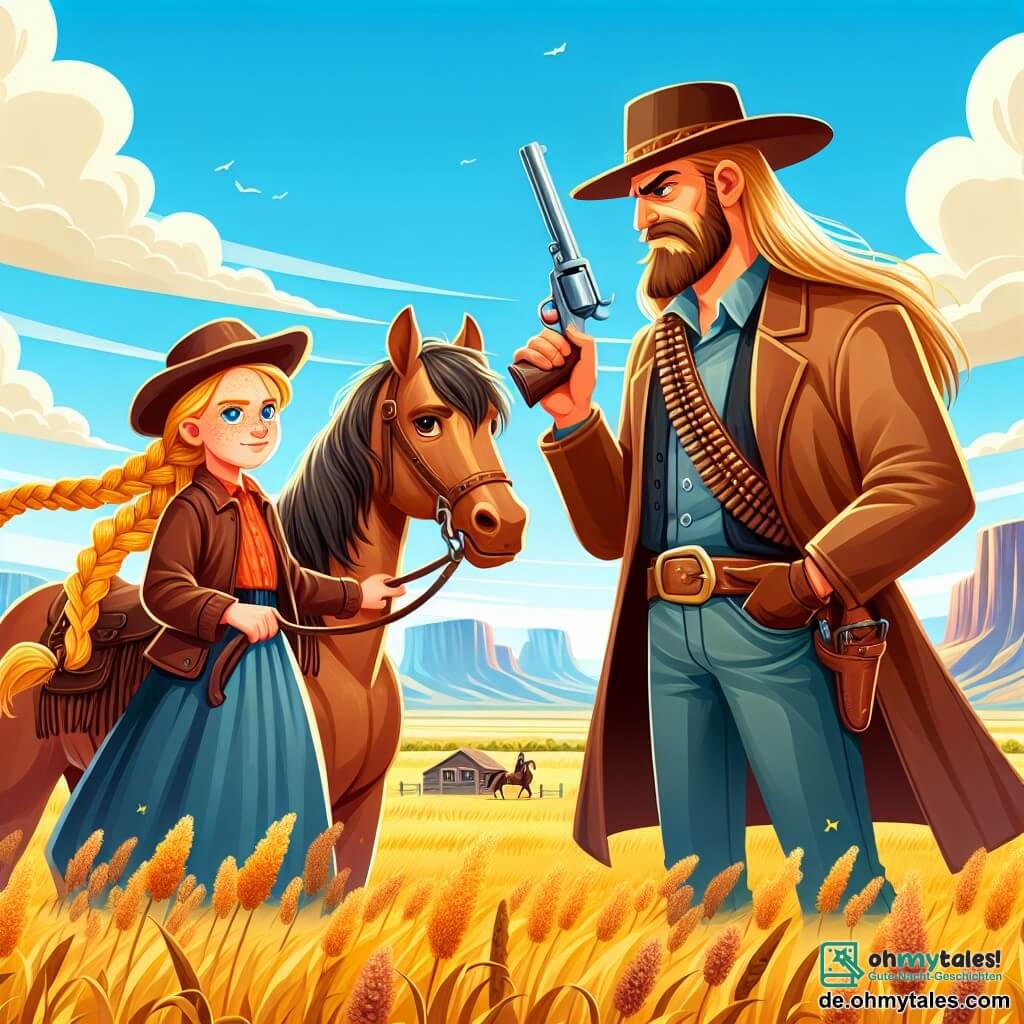 Une illustration sous forme de dessin destinée aux enfants représentant une vaste prairie dorée sous un ciel bleu éclatant, où une courageuse cow-girl aux longs cheveux blonds tressés, vêtue d'un chapeau de cowboy et d'une veste en cuir, se tient fièrement sur son cheval brun nommé Bella, tandis qu'un grand cowboy barbu au sourire malicieux, armé d'un revolver, s'approche d'elle avec un air provocateur, illustrant la tension d'une confrontation amicale entre deux aventuriers en quête d'un trésor caché dans les montagnes.