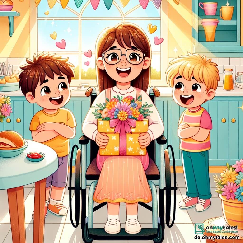 Eine Illustration zeigt eine warme und sonnige Küche mit pastellgelben Wänden und Fenstern, die goldene Lichtstrahlen hereinlassen. Auf dem Tisch steht ein kleiner Strauß bunter Blumen und ein appetitliches Frühstück mit frischem Brot, Marmelade und Früchten. Ein 10-jähriger Junge mit braunen Locken sitzt im Rollstuhl, lächelt und hat strahlende Augen vor Freude. Neben ihm steht ein 9-jähriger Junge mit blonden Haaren und Brille, der ein schön verpacktes Geschenk in buntem Papier hält. Ein weiterer 8-jähriger Junge mit kurzen braunen Haaren schaut aufgeregt mit verschränkten Armen und ist bereit zu feiern. Die Szene zeigt die drei Freunde, die eine Mama überraschen, die vor ihnen steht, mit weit aufgerissenen Augen vor Überraschung und Glück. Sie hat lange braune Haare und trägt eine Schürze. Der Moment ist voller Liebe und Verbundenheit, mit strahlenden Lächeln und einer festlichen Atmosphäre. Herzen schweben um sie herum und symbolisieren die Liebe und Freude des Muttertags.