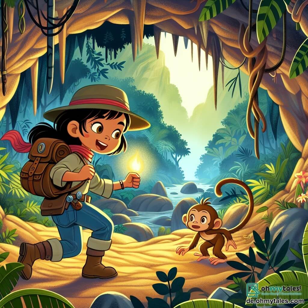 Une illustration destinée aux enfants représentant une jeune aventurière courageuse explorant une mystérieuse grotte dans les profondeurs d'un dense et exotique jungle, accompagnée d'un petit singe curieux et espiègle.