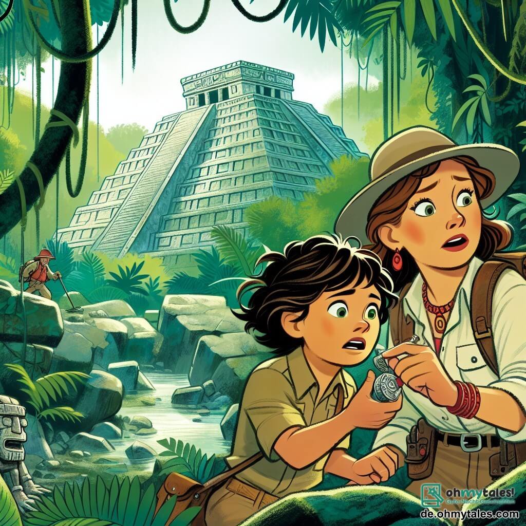 Une illustration destinée aux enfants représentant une courageuse archéologue femme, accompagnée de son neveu garçon curieux, découvrant un ancien temple maya caché au cœur de la jungle luxuriante du Mexique.