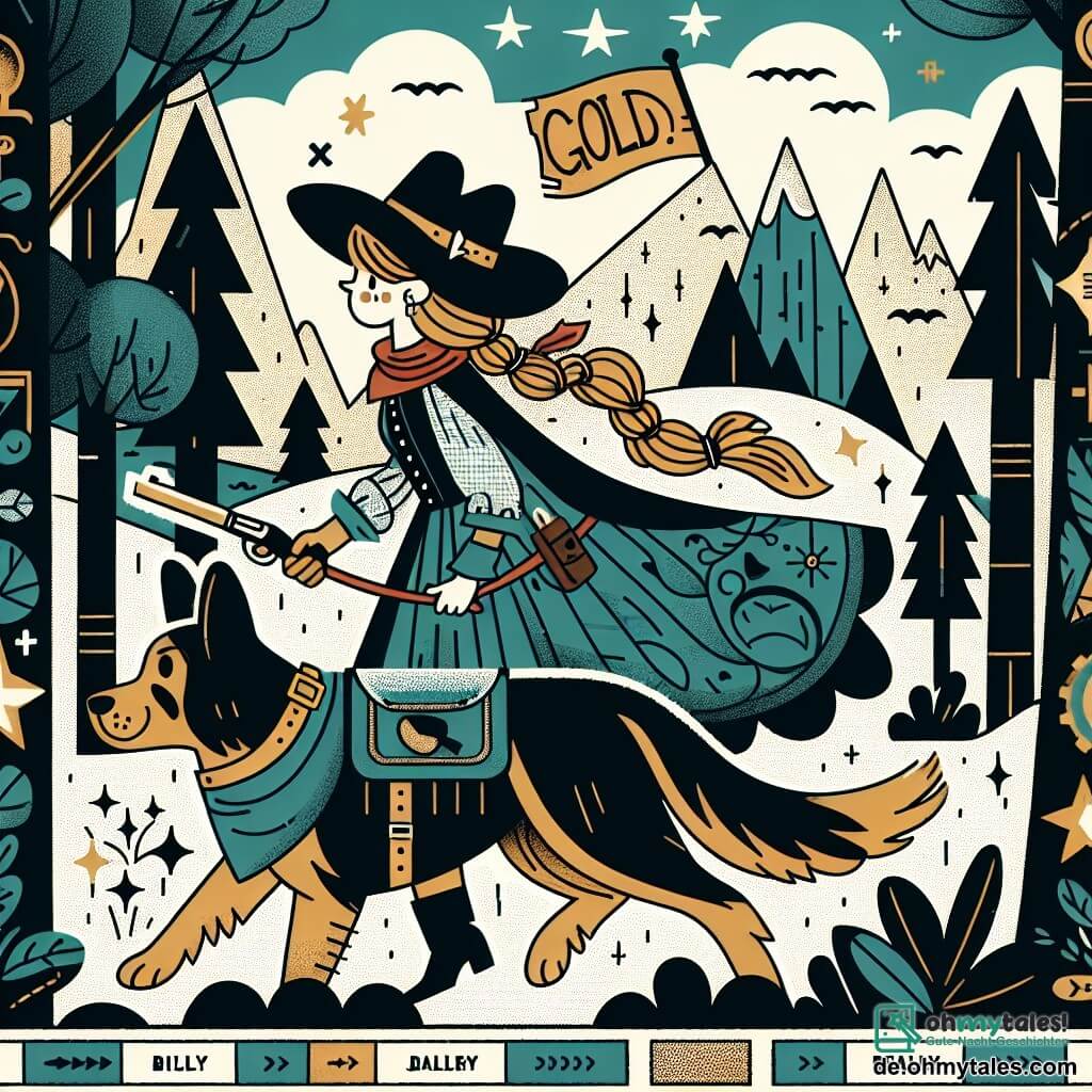 Une illustration destinée aux enfants représentant une courageuse cowgirl, accompagnée de son fidèle chien Billy, traversant un épais et mystérieux bois pour trouver de l'or dans le Wilden Westen.