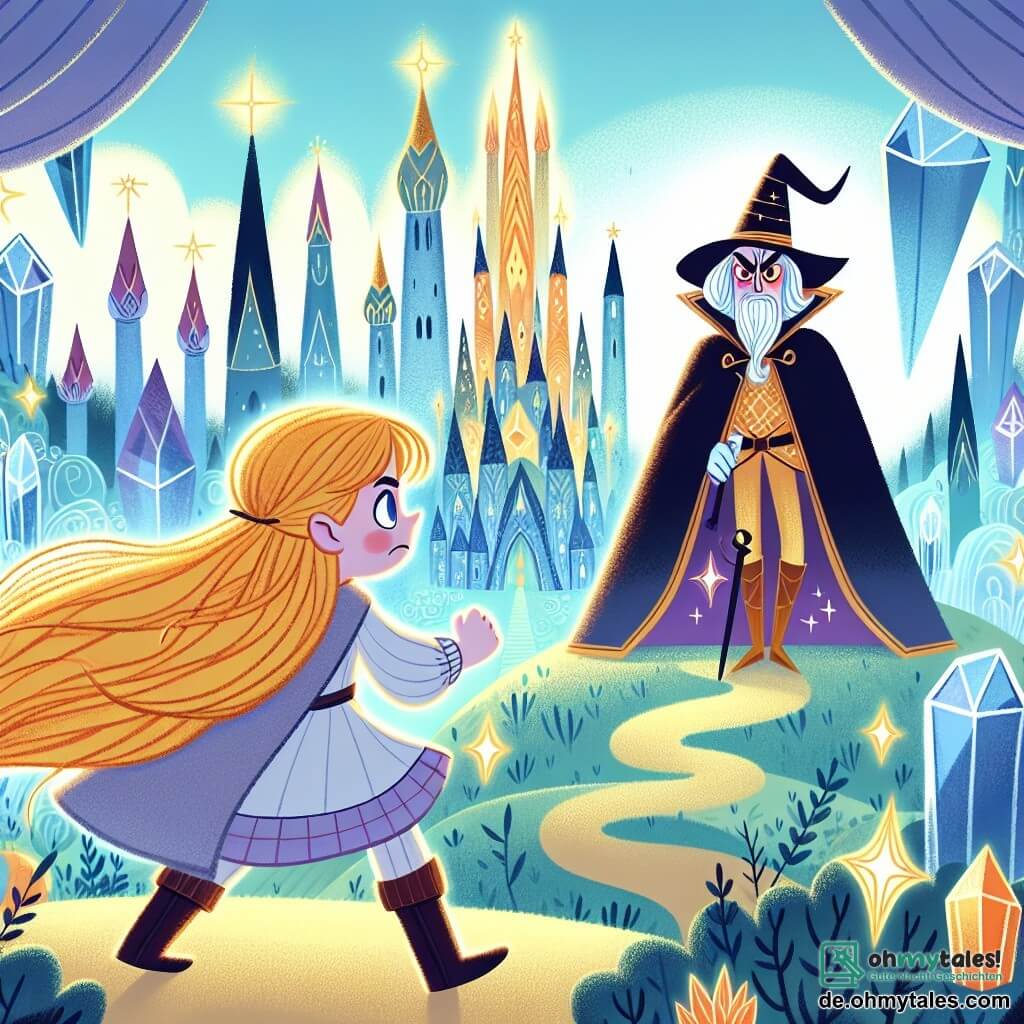 Une illustration destinée aux enfants représentant une jeune fille courageuse aux longs cheveux dorés, affrontant un sinistre magicien aux yeux rouges dans un royaume enchanté rempli de tours de cristal scintillantes et de forêts mystérieuses.