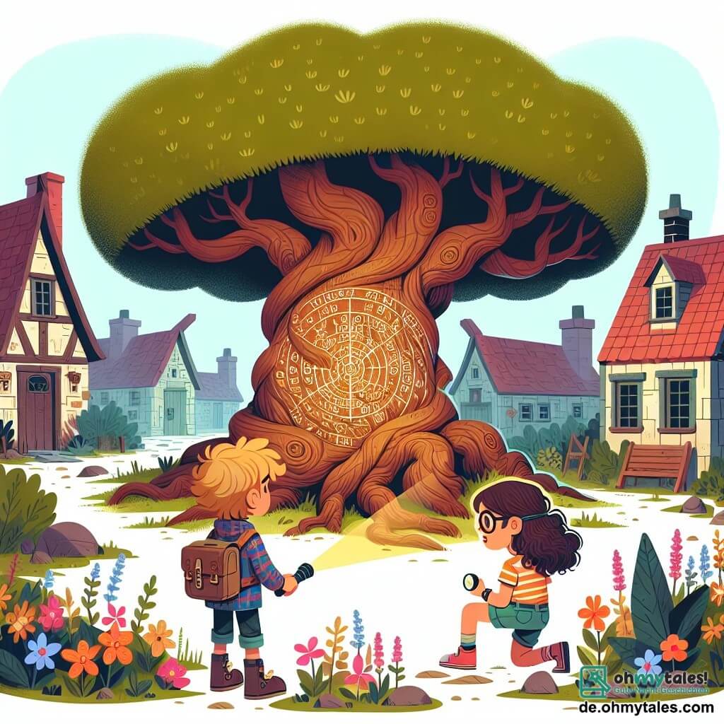 Une illustration sous forme de dessin destinée aux enfants représentant un vieux et majestueux arbre au tronc noueux, entouré de fleurs colorées dans un petit village pittoresque, où une fille de 11 ans aux cheveux bouclés et bruns, vêtue d'une chemise à carreaux et d'un short, s'agenouille avec émerveillement devant un mystérieux schéma gravé dans l'écorce, tandis qu'à ses côtés, un garçon timide avec des lunettes et un t-shirt à rayures observe attentivement, et une autre fille intrépide aux cheveux courts et blonds, prête à explorer, tient une lampe de poche, tous trois sur le point de découvrir un secret caché dans leur aventure.