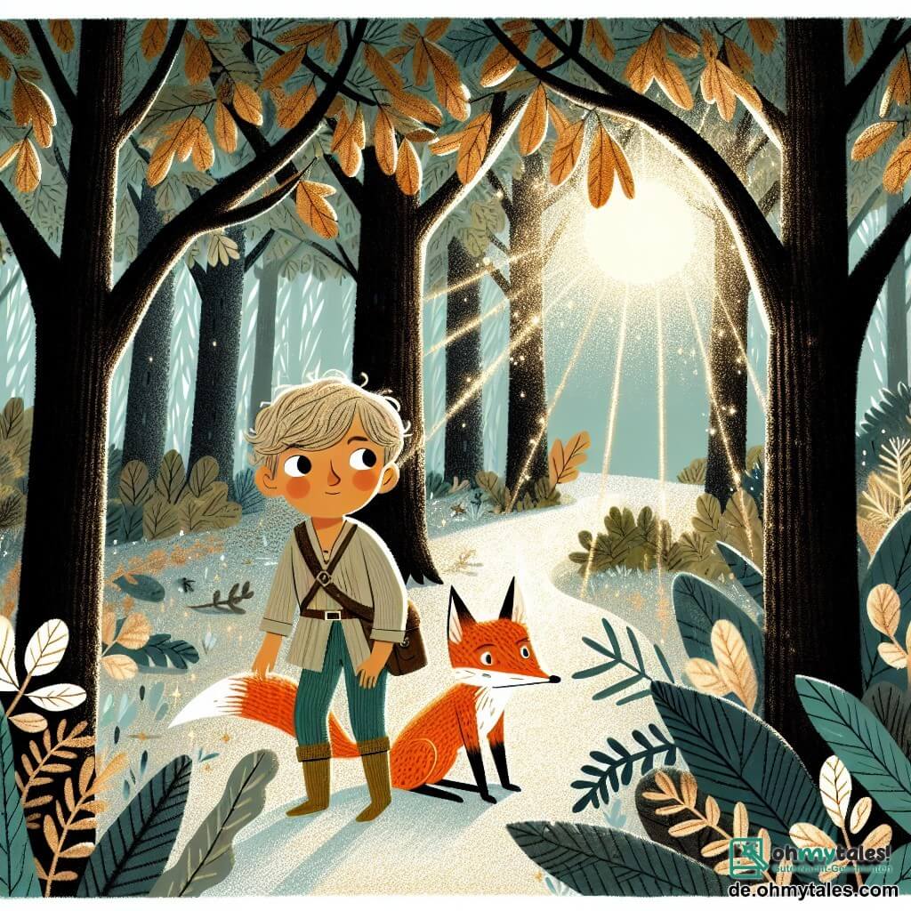 Une illustration destinée aux enfants représentant un petit garçon curieux et courageux, accompagné d'un petit renard triste et perdu, explorant un dense et mystérieux bois de chênes aux feuilles chatoyantes et aux rayons de soleil filtrant à travers les branches.