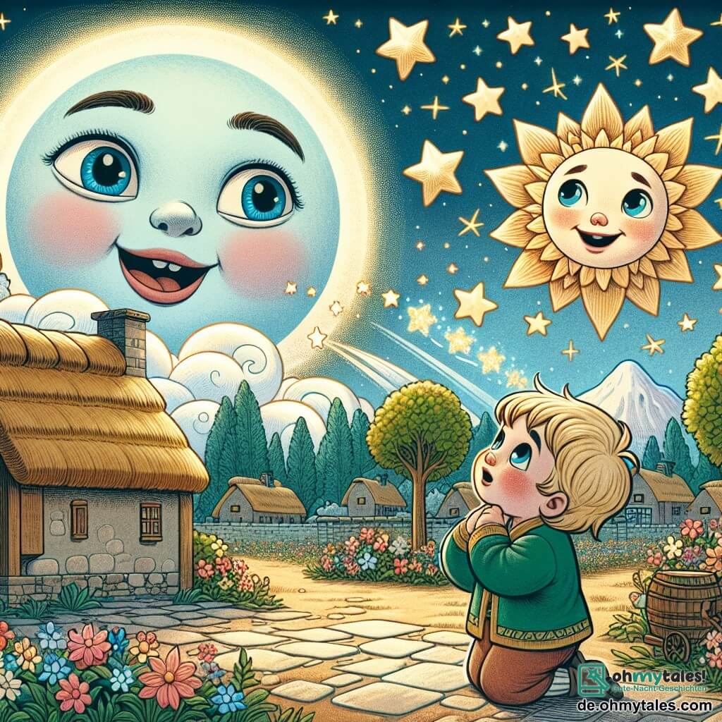 Une illustration destinée aux enfants représentant un petit garçon rêveur contemplant le ciel étoilé, accompagné d'un éclatant astre parlant, dans un paisible village aux toits de chaume et aux ruelles fleuries.