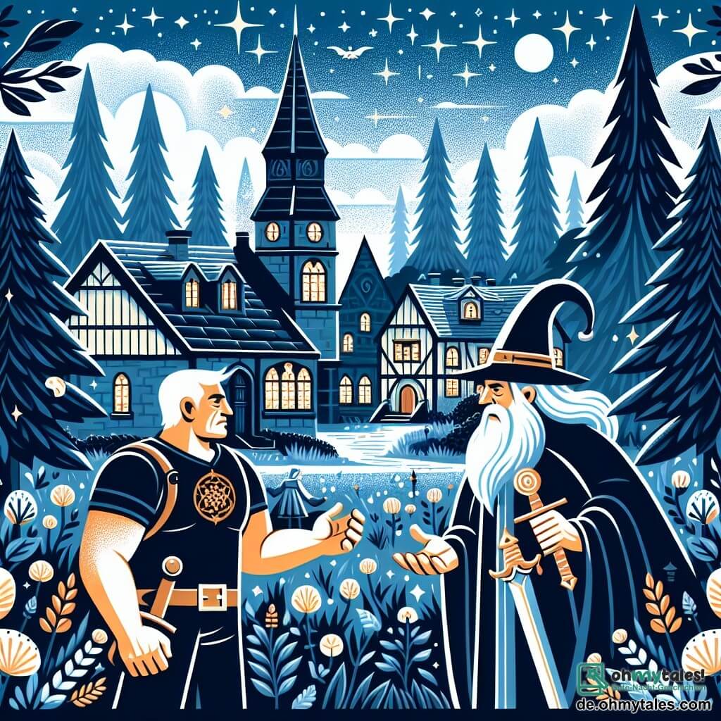 Une illustration destinée aux enfants représentant un courageux forgeron, confronté à une étrange rencontre avec un mystérieux magicien, dans la paisible ville de Eichenwald, entourée d'arbres majestueux aux feuilles chatoyantes et de maisons aux toits pointus, sous un ciel étoilé et lumineux.