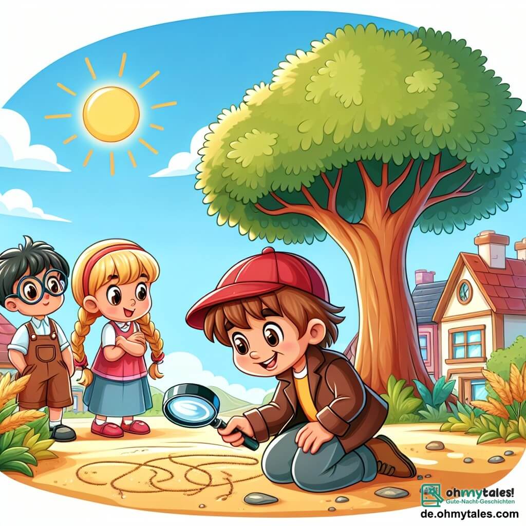 Une illustration sous forme de dessin destinée aux enfants représentant un village ensoleillé avec un grand arbre au centre, où un garçon de 5 ans aux cheveux bruns et aux yeux pétillants, portant une casquette rouge et une loupe à la main, examine des traces dans le sable, tandis que deux de ses amis, une fille aux cheveux blonds en tresse et un garçon aux lunettes, l'observent avec curiosité, tous trois déterminés à résoudre le mystère de la disparition d'un précieux pokal.