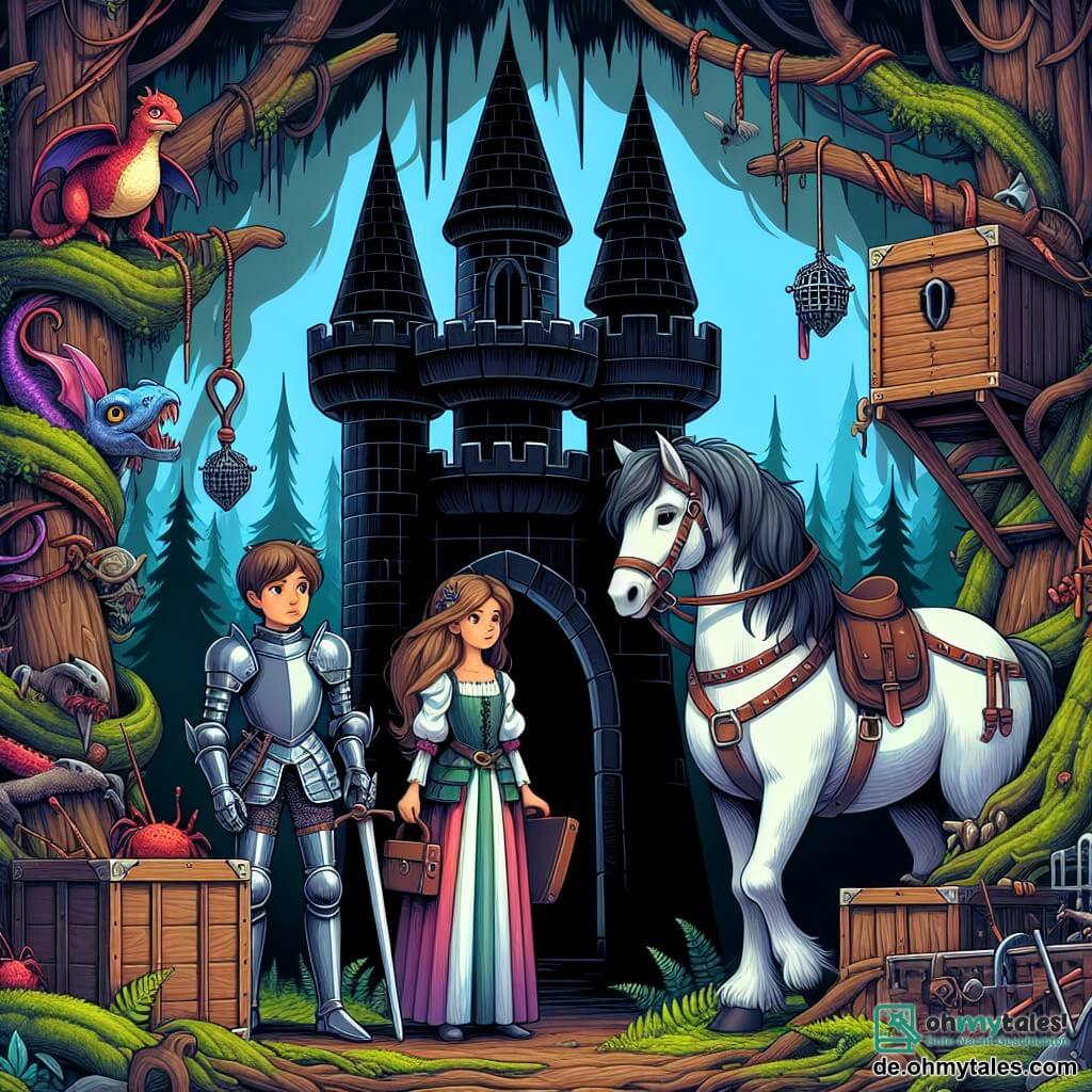 Une illustration destinée aux enfants représentant une chevaleresse courageuse, accompagnée d'un jeune écuyer malin, se tenant devant un haut et sombre tour noir, situé au cœur d'un mystérieux et sinistre bois rempli de pièges et de créatures magiques.