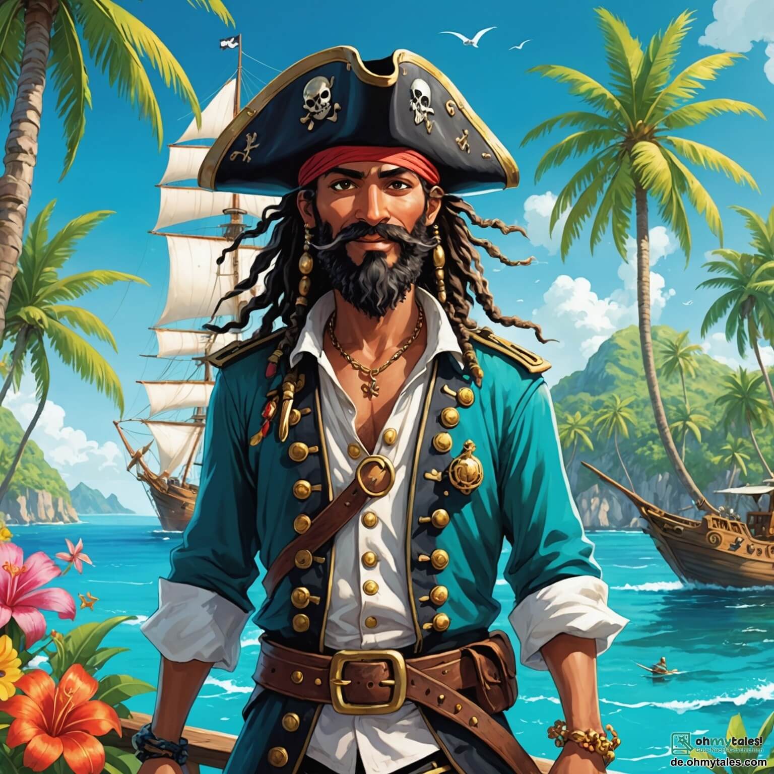 Une illustration destinée aux enfants représentant un intrépide pirate à la barbe flamboyante et à l'œil pétillant, naviguant sur les eaux turquoise de la mer des Caraïbes à bord de son majestueux navire aux voiles blanches, tandis qu'il cherche un trésor légendaire sur une île mystérieuse, entourée de palmiers dansants et de fleurs éclatantes, accompagné de sa fidèle complice, une jeune fille astucieuse au sourire éclatant, prête à résoudre les énigmes des anciens pirates.