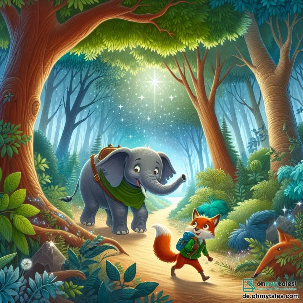 Une illustration destinée aux enfants représentant un jeune éléphant curieux se lançant dans une aventure épique avec l'aide d'un malicieux renard, à travers un mystérieux et enchanteur sentier au cœur d'une dense forêt aux arbres majestueux et au feuillage chatoyant.