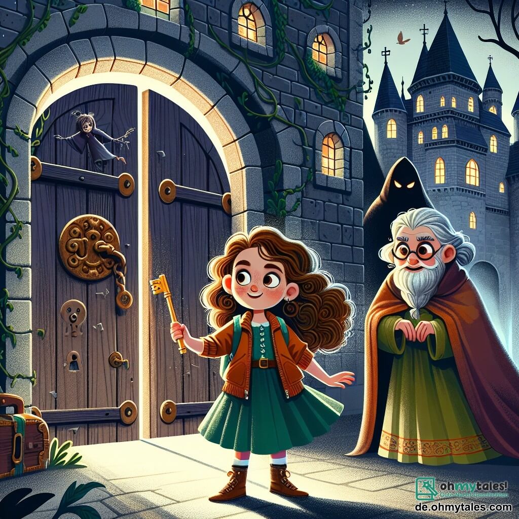 Une illustration sous forme de dessin destinée aux enfants représentant un vieux château mystérieux, aux murs couverts de lierre et aux fenêtres brisées, où une fille de 11 ans aux longs cheveux bouclés et aux yeux brillants, tenant une clé scintillante, se tient courageusement devant une porte en bois massive, tandis qu'une vieille femme au visage ridé et aux cheveux gris, vêtue d'une robe flottante, l'observe avec un sourire bienveillant, alors qu'une ombre menaçante se profile derrière elle, symbolisant les épreuves qu'elle doit surmonter pour découvrir la lumière cachée dans son cœur.