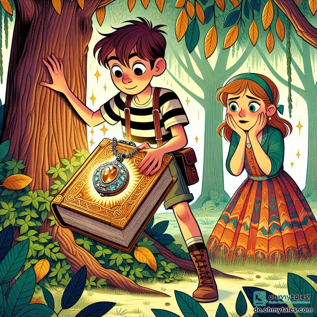 Une illustration sous forme de dessin destinée aux enfants représentant un ancien parc verdoyant, avec de grands arbres aux feuilles dorées, où un garçon de 11 ans, aux cheveux châtains en bataille et portant un t-shirt rayé et un short, est accroupi près d'un grand arbre, tenant un vieux livre aux pages jaunies, tandis qu'à ses côtés, une fille de son âge, aux cheveux longs et bruns, vêtue d'une robe colorée, regarde avec émerveillement un médaillon scintillant qu'ils viennent de déterrer, symbolisant leur quête d'aventure et de trésors cachés.