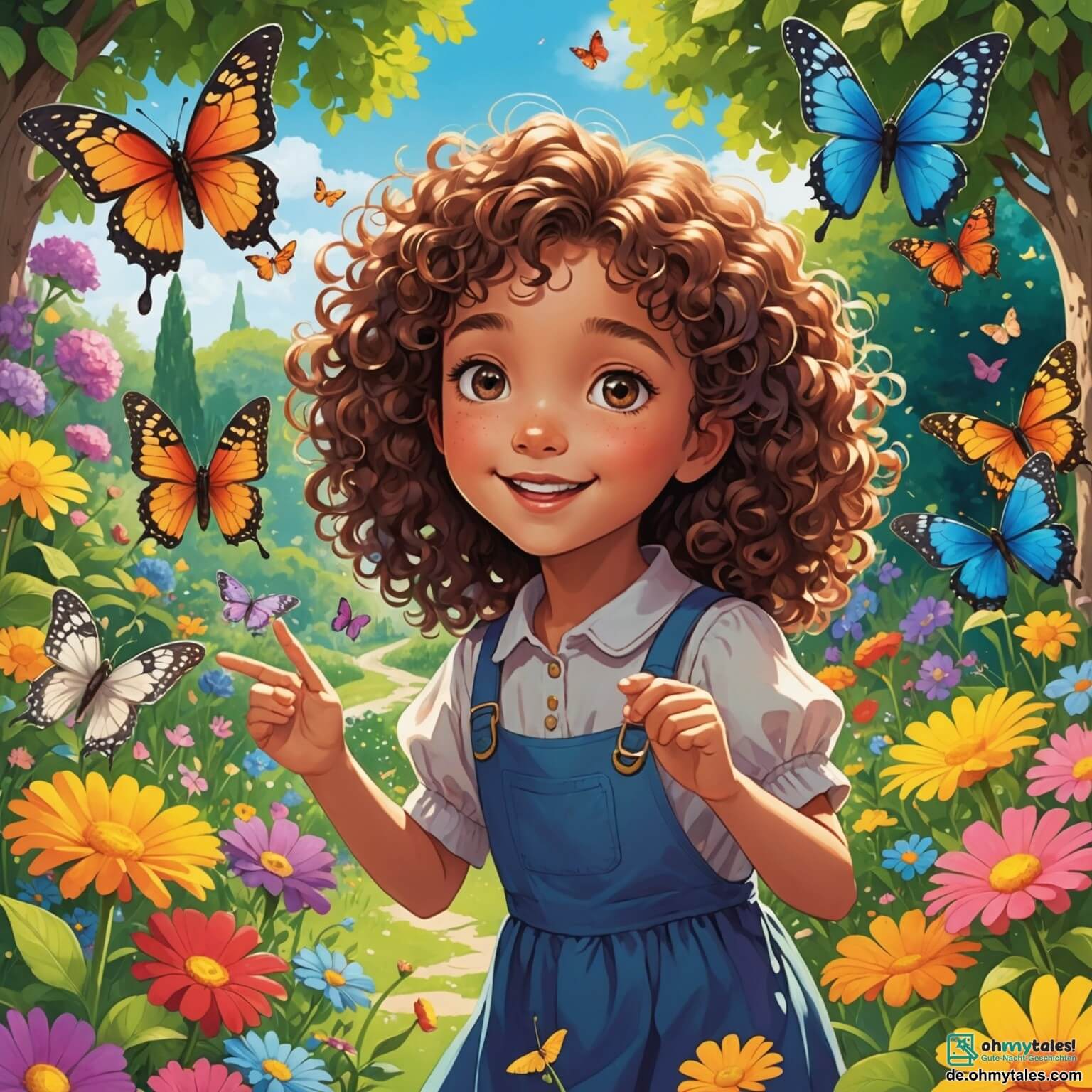 Une illustration destinée aux enfants représentant une petite fille aux cheveux bouclés et aux yeux pétillants, pleine de joie et de détermination, jouant dans un jardin coloré rempli de fleurs éclatantes et de papillons virevoltants, où elle invite un garçon timide à se joindre à elle pour partager des jeux, tout en apprenant ensemble que l'amitié et le plaisir de jouer ne connaissent pas de genre.