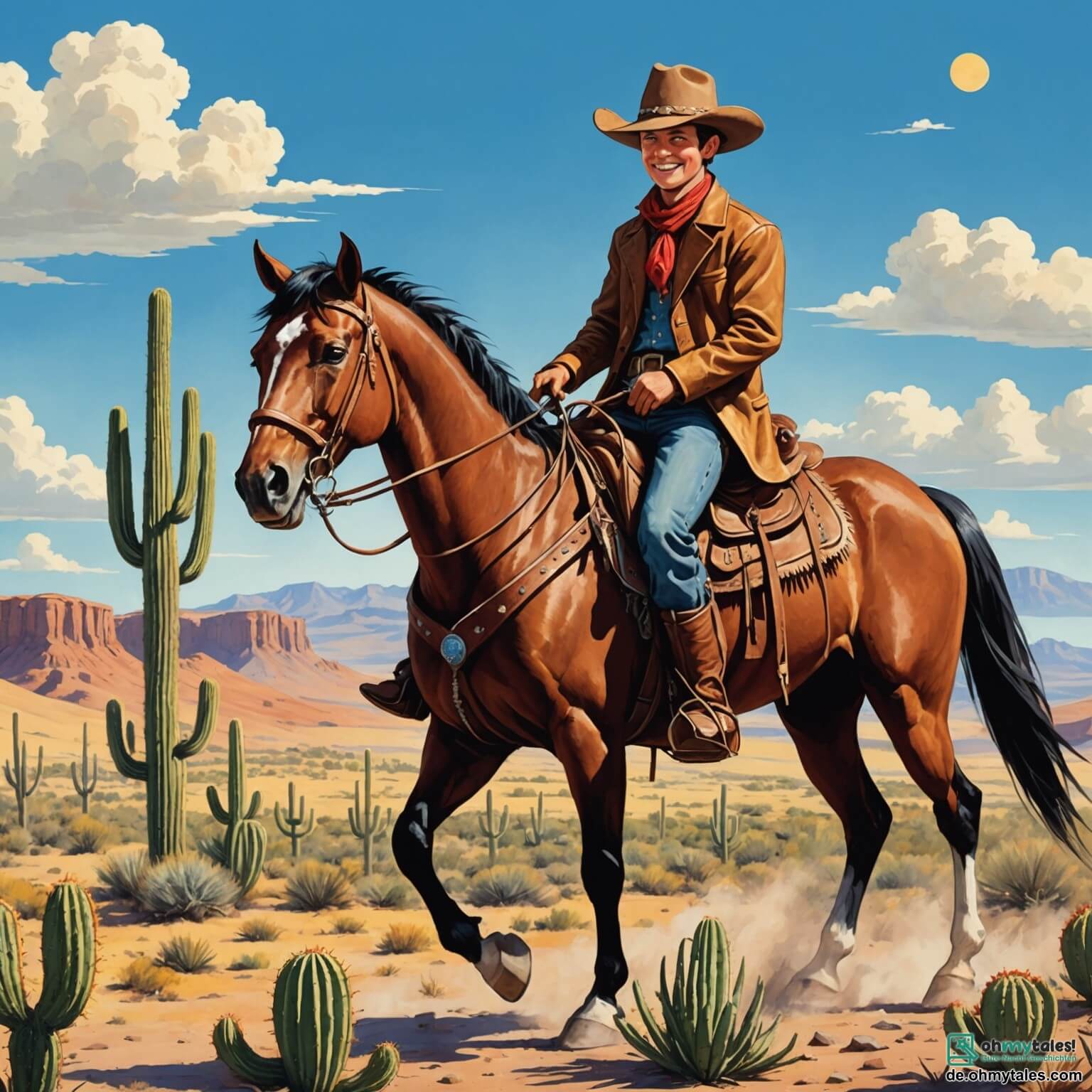 Une illustration destinée aux enfants représentant un jeune cowboy au sourire éclatant, vêtu d'un large chapeau de Stetson et d'un manteau en cuir usé, chevauchant son fidèle cheval brun à travers les vastes prairies dorées du Far West, où des cactus dressent leurs bras épineux sous un ciel bleu éclatant, tandis qu'un groupe de cowboys robustes, dont l'un est un homme au grand chapeau noir, se dispute à propos d'une importante tâche de comptage de bétail.