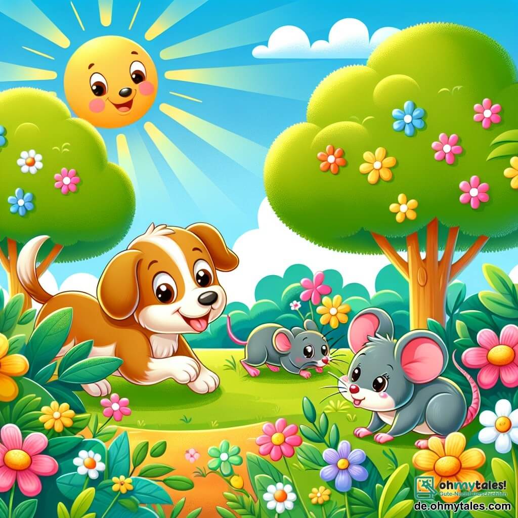 Une illustration destinée aux enfants représentant un chien malicieux en train de jouer à cache-cache avec une petite souris curieuse, dans un jardin ensoleillé rempli de fleurs colorées et d'arbres verdoyants.