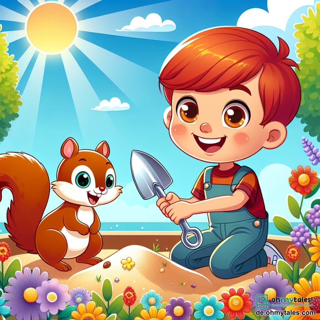 Une illustration sous forme de dessin destinée aux enfants représentant un jardin ensoleillé avec des fleurs colorées et un petit garçon de 7 ans aux cheveux roux et aux yeux pétillants, qui, tout sourire, tient un louché brillant dans sa main tout en regardant avec émerveillement un petit écureuil espiègle qui s'approche de lui, alors qu'ils viennent de découvrir ensemble un louché magique enfoui dans le sable du bac à sable, symbolisant l'esprit d'aventure et de défi de l'histoire.