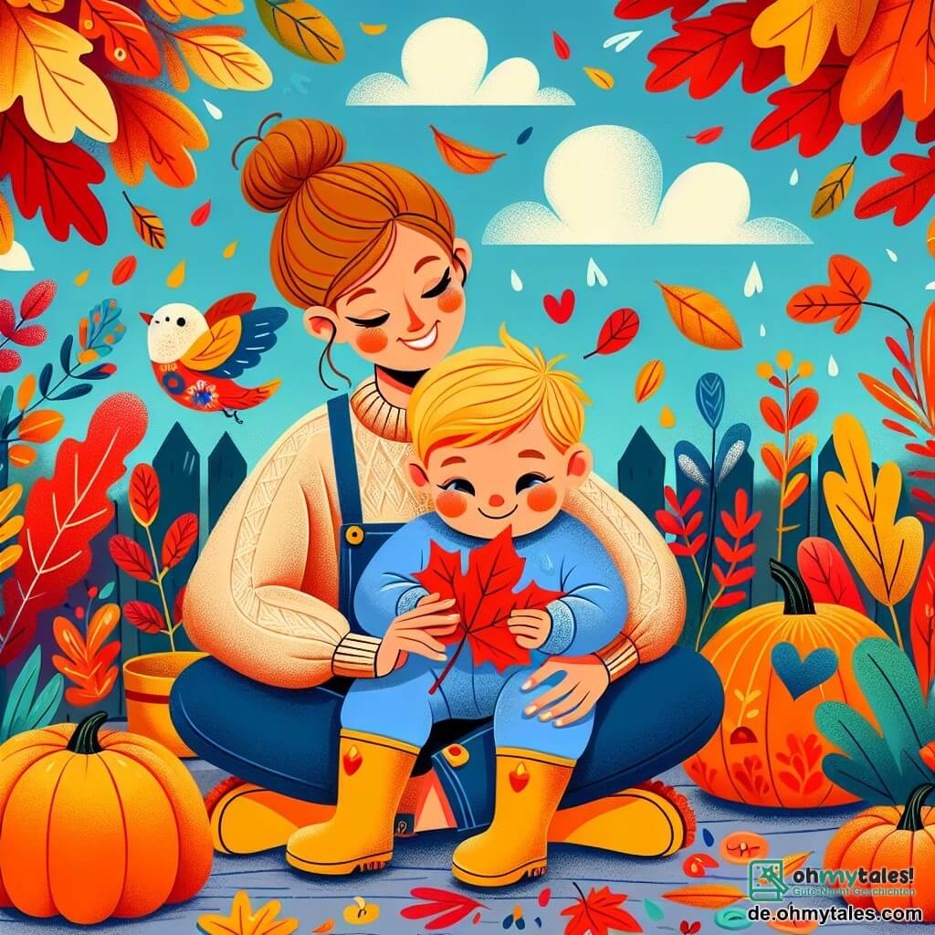 Illustration eines Gartens im Herbst, gefüllt mit lebhaften bunten Blättern: rot, gelb und orange. In der Mitte hockt ein einjähriger Junge mit blonden Haaren und strahlenden Augen, der ein großes rotes Blatt in seinen kleinen Händen hält. Er trägt einen blauen Samoverall und gelbe Gummistiefel, mit einem breiten Lächeln auf seinem Gesicht. Neben ihm steht eine etwa 30-jährige Frau mit braunen, zu einem Dutt gebundenen Haaren, die ihn liebevoll beobachtet. Sie trägt einen beigen Wollpullover und Jeans und lächelt, während sie den Jungen ansieht. Der kleine Junge ist begeistert von der Schönheit der Blätter, die um ihn herum fallen, während ein kleiner bunter Vogel auf einem Ast sitzt und fröhlich singt. Orangefarbene Kürbisse sind im Garten verstreut und verleihen der herbstlichen Atmosphäre eine festliche Note. Der Himmel ist hellblau mit einigen weißen Wolken, und die Sonne scheint sanft und erhellt die Szene.