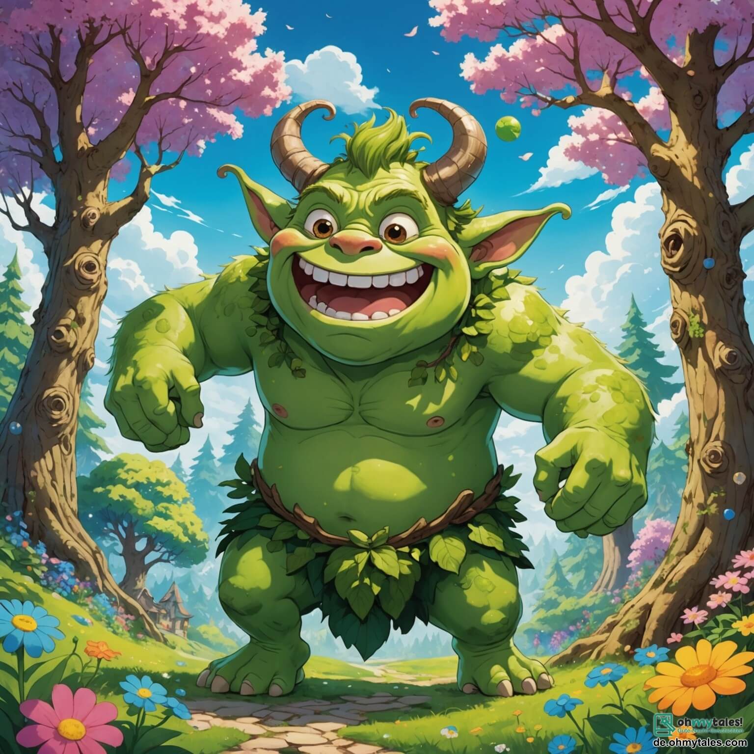Une illustration destinée aux enfants représentant un ogre vert aux grands yeux ronds et pétillants de malice, avec une peau douce comme une guimauve et un sourire éclatant qui illumine la forêt enchantée, où des arbres majestueux aux troncs noueux s'élèvent vers un ciel bleu parsemé de nuages cotonneux, entouré de fleurs multicolores qui dansent au rythme du vent, tandis que le petit dragon espiègle, aux écailles scintillantes et aux ailes translucides, virevolte joyeusement autour de lui, tous deux se lançant dans une quête palpitante pour retrouver des souhaits égarés dans le cœur du mystérieux Zauberwald, peuplé de créatures rigolotes et de rires éclatants.