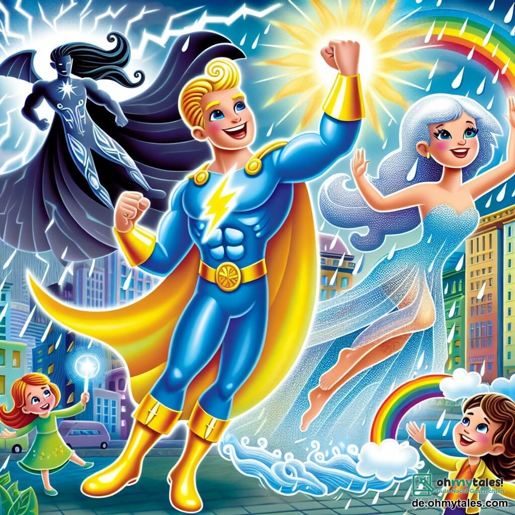 Une illustration sous forme de dessin destinée aux enfants représentant une scène colorée dans une ville animée, où un homme grand et musclé, vêtu d'un costume bleu éclatant avec un éclair doré sur la poitrine, brille de mille feux en souriant joyeusement, tandis qu'à ses côtés, une femme aux ailes scintillantes et à la robe faite de gouttes d'eau crée un arc-en-ciel, et une autre femme, agile comme le vent, flotte dans les airs avec des cheveux flottants, tous unis pour combattre un grand et sombre personnage maléfique, le maître des ombres, qui tente de plonger la ville dans la tristesse, tandis que des enfants émerveillés les regardent avec des yeux brillants d'espoir.