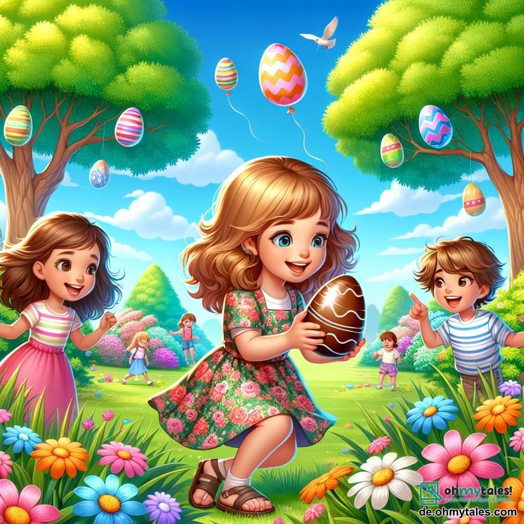 Illustration eines großen Frühlingsparks, gefüllt mit bunten Blumen und majestätischen Bäumen mit leuchtend grünen Blättern. Im Zentrum dieser Szene hockt ein 11-jähriges Mädchen mit lockigem, hellbraunem Haar, das ein Blumenkleid und Sandalen trägt, und betrachtet mit Staunen ein glänzendes Schokoladenei, das es gerade im Gras gefunden hat. Neben ihr stehen zwei Freunde: ein 11-jähriger Junge mit zerzausten blonden Haaren, der ein gestreiftes T-Shirt und Shorts trägt und lächelt, während er ein dekoriertes Ei hält, und ein 10-jähriges Mädchen mit glattem, braunem Haar, das einen rosa Rock und ein kurzärmliges T-Shirt trägt und auf ein weiteres Ei zeigt, das hinter einer Blume versteckt ist. Die Szene strahlt eine fröhliche und festliche Atmosphäre aus, mit bunten Ballons, die am blauen Himmel schweben, und Kindern, die im Hintergrund lachen und die Magie von Ostern feiern.