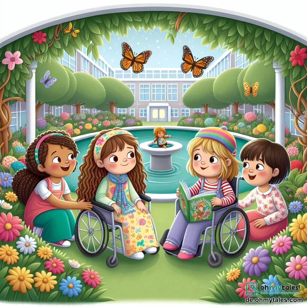 Illustration eines geheimen Gartens in einem Krankenhaus, gefüllt mit bunten Blumen, kleinen Bäumen und einem ruhigen Teich, in dem Fische schwimmen. In der Mitte sitzen vier Mädchen im Alter von etwa 8 bis 10 Jahren auf dem weichen Gras. Eine von ihnen, mit lockigem braunem Haar, trägt ein hübsches, buntes Tuch und lächelt fröhlich. Eine andere, mit langen geflochtenen blonden Haaren, sitzt im Rollstuhl und hat einen entschlossenen und freundlichen Blick. Die dritte, mit kastanienbraunem Haar und einer lustigen Mütze, lacht und hält ein illustriertes Buch. Schließlich schaut die letzte, mit kurzen, glatten Haaren, ihre Freundinnen mit funkelnden, aufgeregten Augen an. Die Mädchen teilen Geschichten und Lachen, was eine Atmosphäre von Kameradschaft und Unterstützung schafft. Schmetterlinge fliegen um sie herum und verleihen diesem Moment der Freude und Freundschaft inmitten der Prüfung eine magische Note.