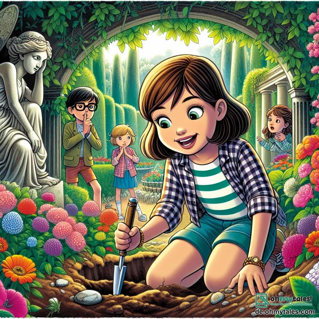 Une illustration sous forme de dessin destinée aux enfants représentant un jardin secret luxuriant, rempli de fleurs colorées et de statues anciennes, où une fille de 12 ans aux longs cheveux bruns et aux yeux pétillants, vêtue d'une chemise à carreaux et d'un short, est accroupie en train de fouiller le sol avec enthousiasme, tandis qu'un garçon timide aux lunettes et une fille audacieuse aux cheveux courts l'observent avec curiosité, tous trois cherchant un trésor caché, entourés de mystère et d'aventure.