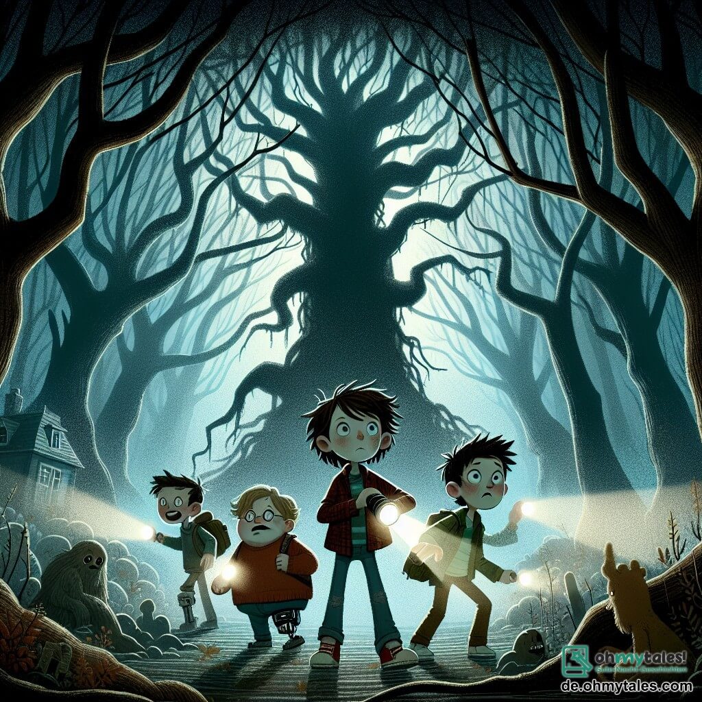 Illustration, die eine geheimnisvolle Szene in einem dunklen, nebligen Wald darstellt. Die hohen, verzerrten Bäume erheben sich wie bedrohliche Silhouetten, ihre kahlen Äste verweben sich über den Figuren und schaffen ein dunkles Blätterdach. Ein leichter Nebel schwebt am Boden und verstärkt die Atmosphäre von Geheimnis und Angst. Im Zentrum des Bildes stehen vier Freunde zusammen. Ein etwa 10-jähriger Junge mit zerzausten braunen Haaren und neugierigen Augen hält eine Taschenlampe, die ihren Weg beleuchtet. Neben ihm steht ein 11-jähriger Junge mit einer Beinprothese, der entschlossen und konzentriert aussieht. Ein anderer, schüchterner Junge von etwa 9 Jahren mit blonden Haaren und runden Brillen schaut besorgt umher. Schließlich steht ein 10-jähriger Junge, der mutigste der Gruppe, etwas vorgebeugt, bereit, trotz der umgebenden Angst voranzuschreiten. Die Hauptsituation zeigt die Freunde, die eine alte Eiche mit knorrigem Stamm in der Lichtung entdecken, aus deren Wurzeln ein geheimnisvolles Licht strahlt. Sie wirken zögerlich, aber entschlossen, das zu erkunden, was im Schatten verborgen ist. Vage Schatten und unbestimmte Formen zeichnen sich im Nebel ab und lassen auf die Anwesenheit unsichtbarer Kreaturen schließen, die sie beobachten. Zusätzliche grafische Elemente umfassen gefallene Blätter, leuchtende Pilze um die Eiche und leuchtende Augen, die im Dunkeln funkeln und der Szene eine Note von Angst und Magie verleihen.