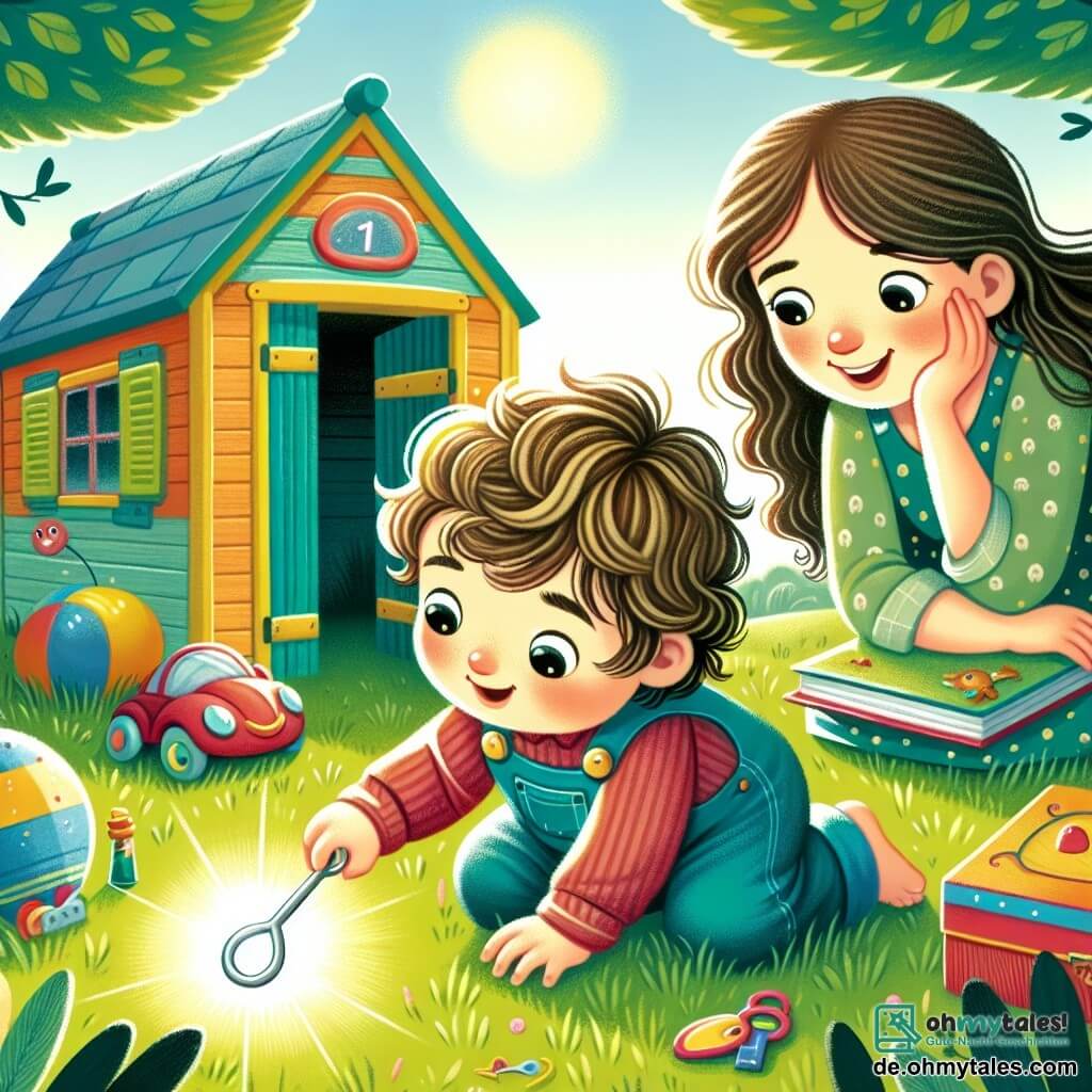 Une illustration sous forme de dessin destinée aux enfants représentant un parc ensoleillé avec des arbres verdoyants et un vieux schuppen coloré, où un petit garçon de 1 an aux cheveux bouclés et aux yeux pétillants, vêtu d'une salopette bleue, se penche avec curiosité pour examiner un petit clé brillante dans l'herbe, tandis que sa maman, une femme souriante aux cheveux longs et bruns, l'observe avec bienveillance, tous deux entourés de jouets colorés et de livres anciens, capturant l'instant magique où ils découvrent un secret d'amitié.
