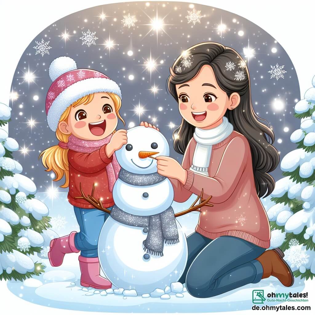 Une illustration destinée aux enfants représentant une jeune fille enthousiaste construisant un joyeux bonhomme de neige avec l'aide bienveillante de sa maman, dans un jardin enneigé scintillant de mille éclats de lumière.