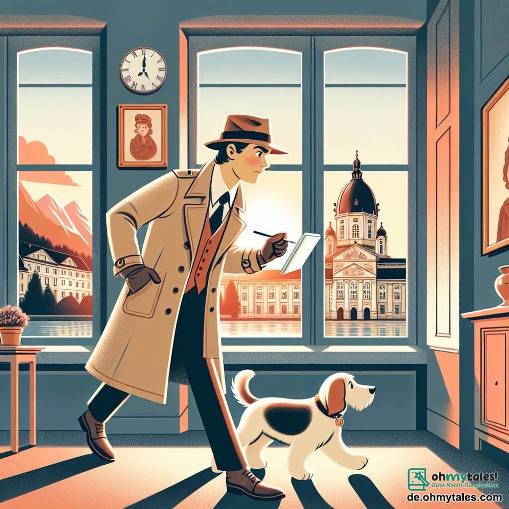 Une illustration destinée aux enfants représentant un courageux détective homme résolvant un mystérieux vol dans un musée, accompagné de son fidèle chien détective mâle, à l'architecture élégante et majestueuse de la petite ville de Sonnenau, baignée de douces lumières du soleil couchant.