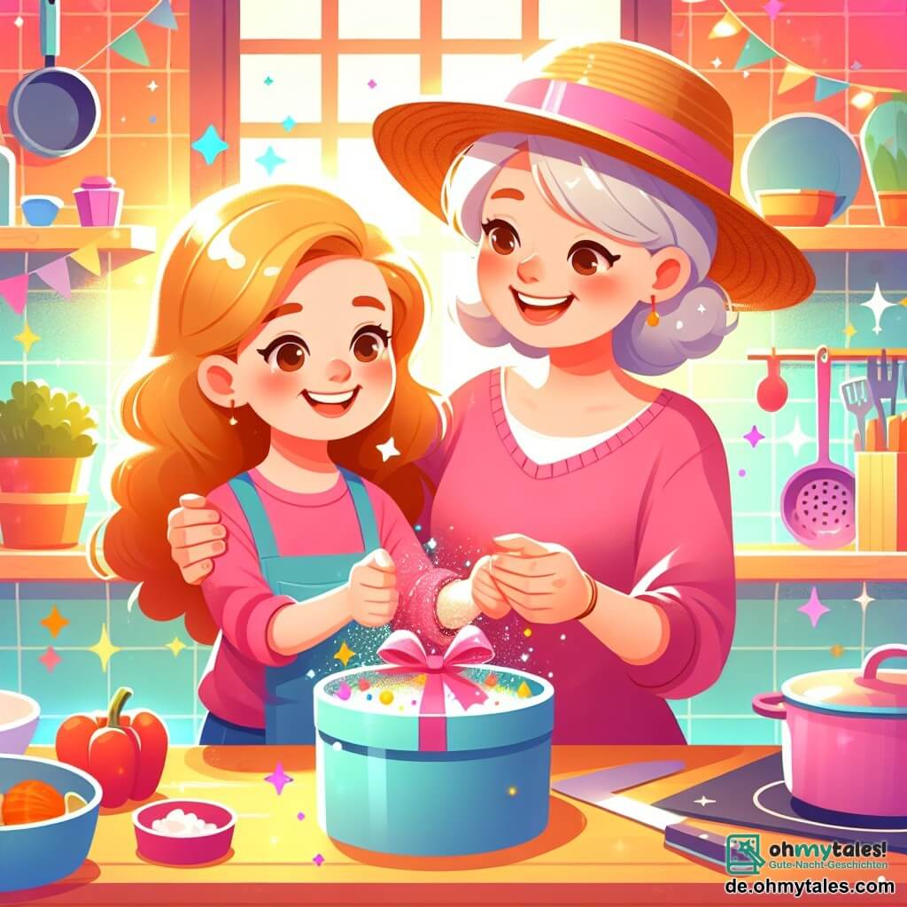 Une illustration destinée aux enfants représentant une fillette préparant une surprise pour sa maman pour la fête des mères, aidée par un gentil vieux monsieur au chapeau de paille, dans une cuisine lumineuse et colorée remplie de pots et de casseroles étincelants.