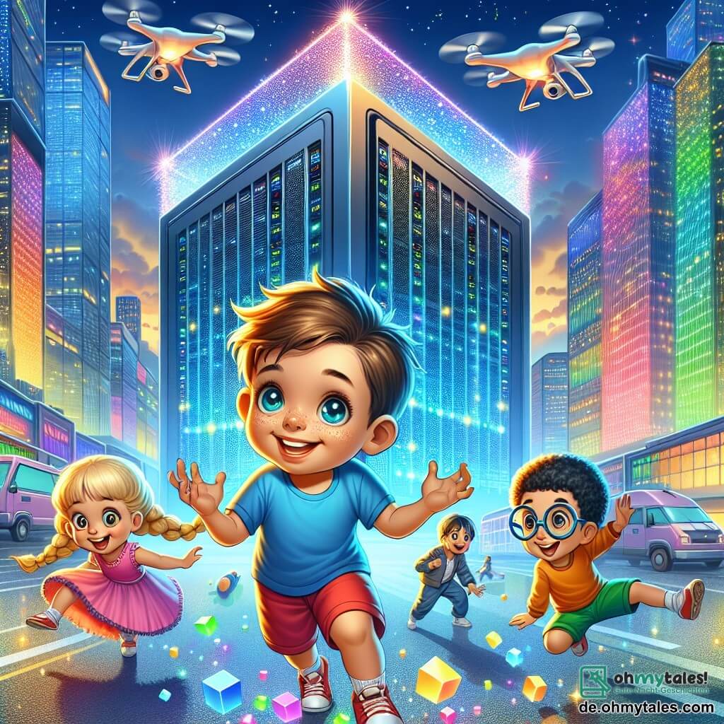 Eine Illustration zeigt einen riesigen, funkelnden Würfelserver, umgeben von hellen, bunten Lichtern in einer futuristischen Stadt. Der Himmel ist voller schwebender Drohnen und leuchtender Fahrzeuge, während Wolkenkratzer mit Glasfassaden die Farben des Regenbogens reflektieren. Im Vordergrund steht ein siebenjähriger Junge mit zerzausten braunen Haaren und strahlendem Lächeln, der auf den Zehenspitzen steht und neugierig den Server betrachtet. Neben ihm hebt ein siebenjähriges Mädchen mit geflochtenen blonden Haaren, das ein rosa Kleid und weiße Turnschuhe trägt, begeistert die Arme in die Luft. Ein weiterer siebenjähriger Junge mit runden Brillen und schwarzen Haaren hockt und zeichnet mit einem Stock bunte Symbole auf den Boden. Die Szene zeigt die drei Freunde, die ein Rätsel lösen, während eine fröhliche Melodie aus dem Server erklingt und ihre Gesichter mit Staunen erleuchtet. Musiknoten schweben um sie herum und verleihen der Atmosphäre einen magischen Touch. Freundliche Roboter mit lächelnden Gesichtern umgeben sie und bezeugen die Bedeutung ihrer Entdeckung.