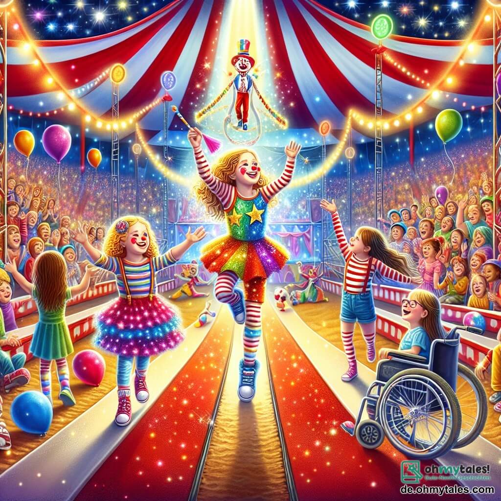Eine Illustration zeigt eine lebendige und bunte Szene in einem Zirkus. Der Ort ist ein großes Zelt mit roten und weißen Streifen, beleuchtet von funkelnden Lichterketten. In der Mitte befindet sich eine mit Erde bedeckte Fläche, umgeben von Zuschauerrängen voller begeisterter Zuschauer. 

Drei Mädchen stehen im Vordergrund: Das erste ist ein etwa 8-jähriges Mädchen mit lockigem, blondem Haar, das ein buntes Kleid mit leuchtenden Sternen trägt und begeistert lächelt. Das zweite Mädchen, etwa 9 Jahre alt, hat lange braune Haare, trägt ein gestreiftes T-Shirt und Shorts und tanzt fröhlich. Das dritte Mädchen, etwa 10 Jahre alt, sitzt im Rollstuhl, trägt eine Brille und strahlt ein Lächeln aus, während es ein buntes Schild mit der Aufschrift "Halleluja für den Seiltänzer!" hält.

Die Hauptszene zeigt die drei Freundinnen, die eine fröhliche Parade anführen, umgeben von Clowns mit roten Nasen und bunten Jongleuren, während ein Seiltänzer in einem glitzernden Kostüm sich darauf vorbereitet, auf sein Seil zu steigen. Bunte Ballons schweben in der Luft, und Zirkustiere wie Elefanten und Löwen tragen zur festlichen Stimmung bei. Insgesamt vermittelt die Szene eine Atmosphäre von Magie und Glück und fängt den Geist eines unvergesslichen Zirkustages ein.