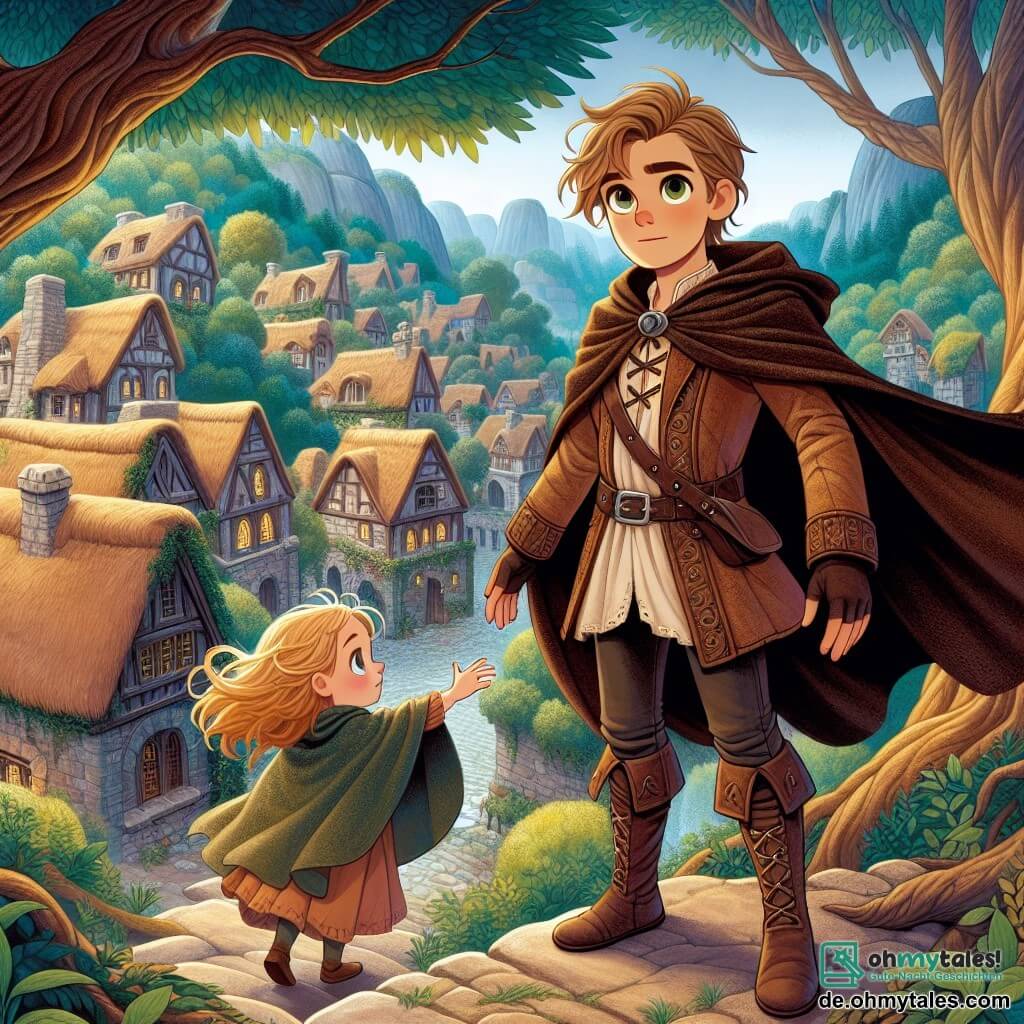 Une illustration destinée aux enfants représentant un jeune homme au regard déterminé, vêtu d'une tunique en cuir usée et d'une cape flottante, se tenant au bord d'une falaise surplombant un village médiéval aux toits de chaume et aux murs en pierre, tandis qu'une petite fille aux cheveux dorés et aux yeux pétillants, son amie fidèle, l'encourage à braver les mystères d'une forêt enchantée, où des arbres aux troncs noueux et aux feuilles scintillantes cachent des secrets oubliés.